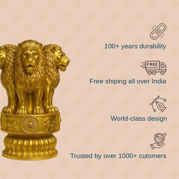 Gold lion statue with durability, shipping, design, and customer trust features on a beige background