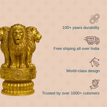 Gold lion statue with durability, shipping, design, and customer trust features on a beige background
