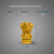 Gold lion statue with product information on a gray background