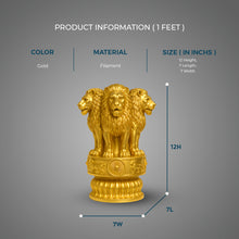 Gold lion statue with product information on a gray background
